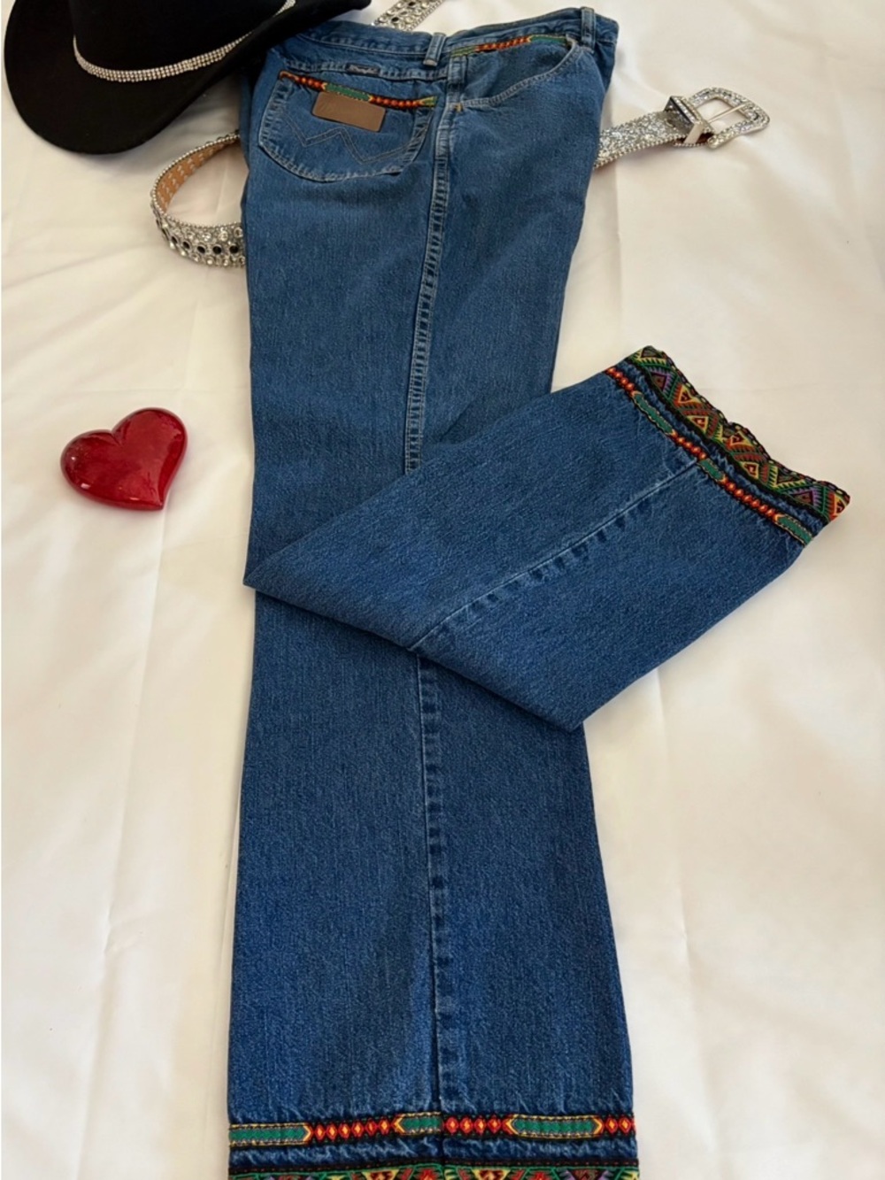 Wrangler 80’s Vintage Western Jeans Aztec Trim HR Made USA 🇺🇸 Boho Festival 5x32